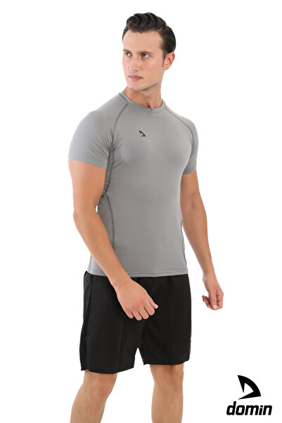 DOMİN SPOR Erkek Kısa Kol Gri Compression Fitness Gym Body Tshirt