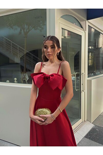 conconmoda Minel Kurdele Detay Askılı Midi Atlas Elbise