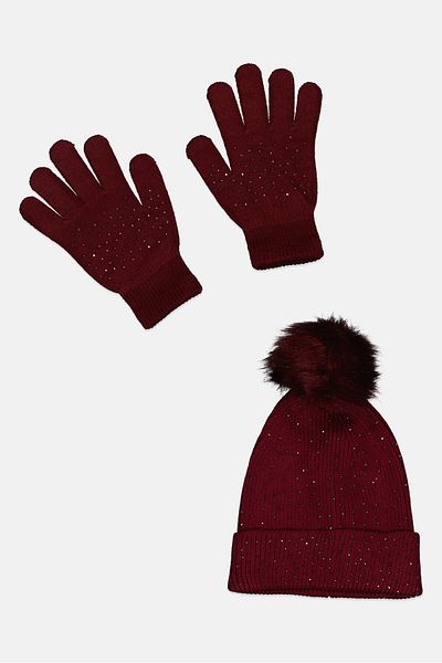 Daisy Fuentes Women 2 Piece Rhinestone Glove And Beanie Set, Maroon