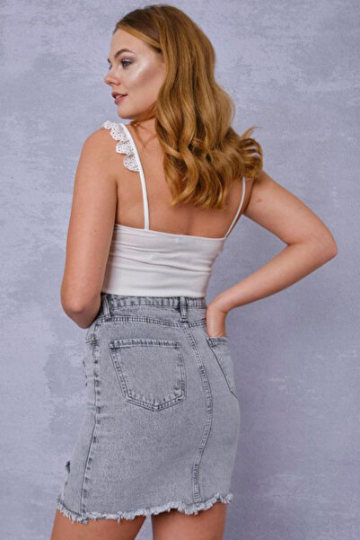 fehika Gray Snow Wash Lycra Mini Skirt