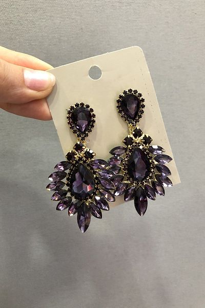 Hayalperest boncuk Yellow Earrings with Purple Crystal Glass Oval Stones