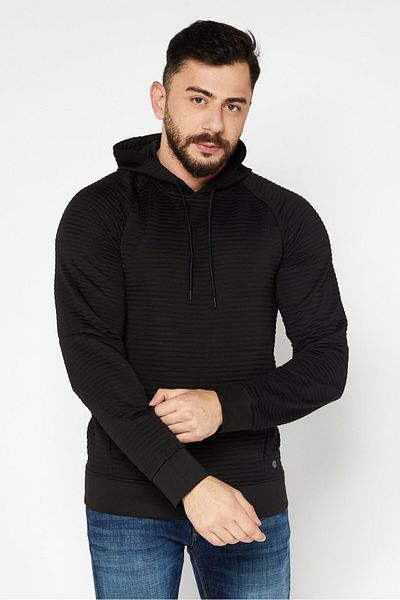 Apana Men Hooded Neck Textured Long Sleeve Hoodie, Black