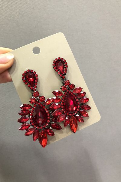 Hayalperest boncuk Dark Red Crystal Glass Oval Gems Dark Gray Earrings
