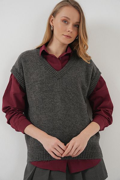 Bigdart 15914 Pulover de tricotaj cu decolteu în V - Antracit
