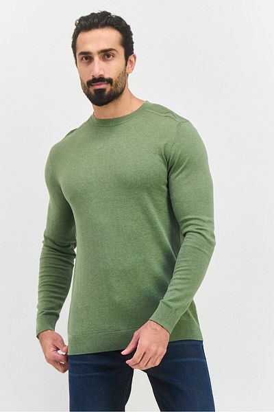 Selected Homme سترة رجالية محبوكة بأكمام طويلة وياقة دائرية، لون أخضر هيذر