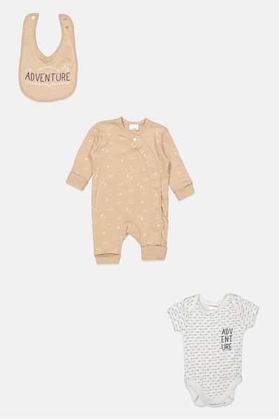 Home Grown Baby Toddlers Girl 3 Piece Allover Print Rompers And Bib Set, Beige Combo