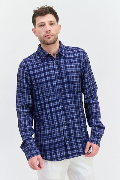 Scotch & Soda Men Relaxed Fit Long Sleeves Checkered Casual Shirt, Navy Combo