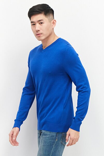 CELIO Men V Neck Long Sleeve Plain Sweaters, Blue