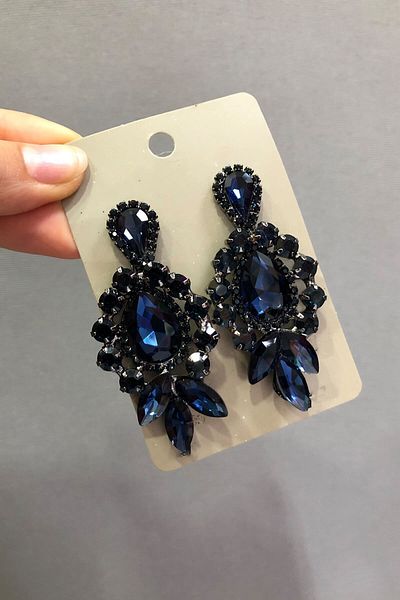 Hayalperest boncuk Dark Blue Crystal Oval Earrings with 3 Stones