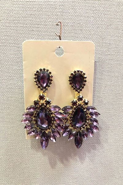 Hayalperest boncuk Gold Yellow Oval Earrings with Purple Crystal Stones