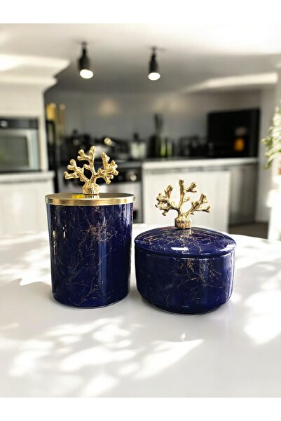 ferayhome Dekoratif Mutfak Aksesuarı 2 li Lacivert Gold Mermer Silindir Obje ...