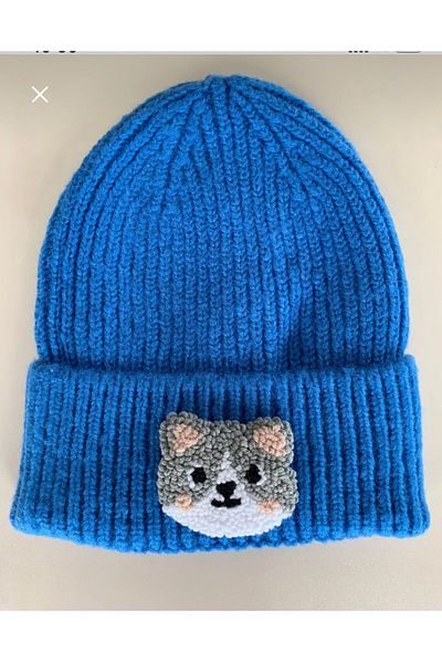 byebruketenci BLUE WOOLED BEANIE CAT PUNCH PATTERNED HAT
