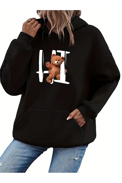 Pink Sky Bear Printed Oversize Τσέπη καγκουρό με κουκούλα