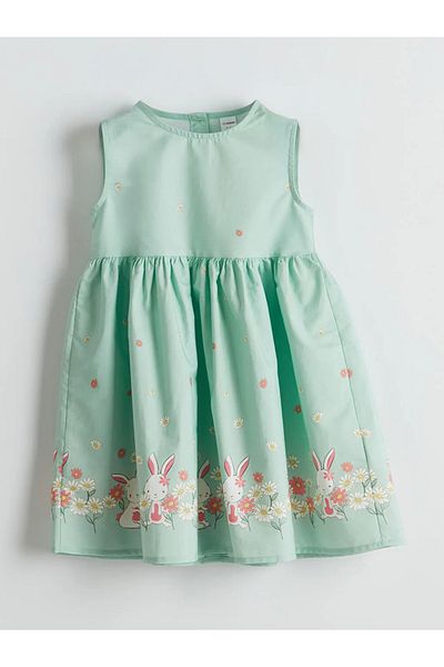 LC Waikiki Lcw Kids Green Crew Neck Girls Poplin Dress