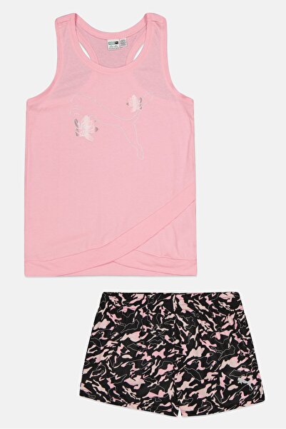 Puma طقم ملابس رياضية للبنات مكون من قطعتين، بلوزة وشورت بشعار العلامة التجار...