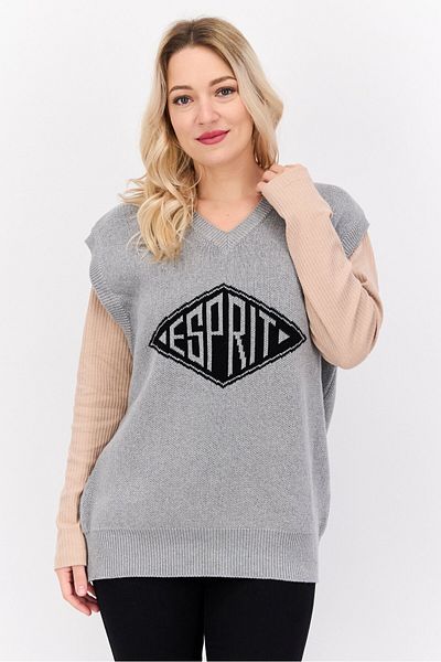 Esprit Women V-neck Knitted Sweater Vest, Grey