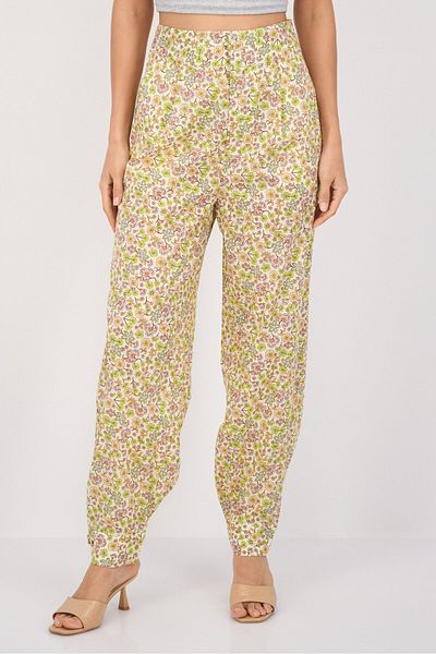 Scotch & Soda Women Regular Fit Floral Print Straight Leg Pant, Cream Combo