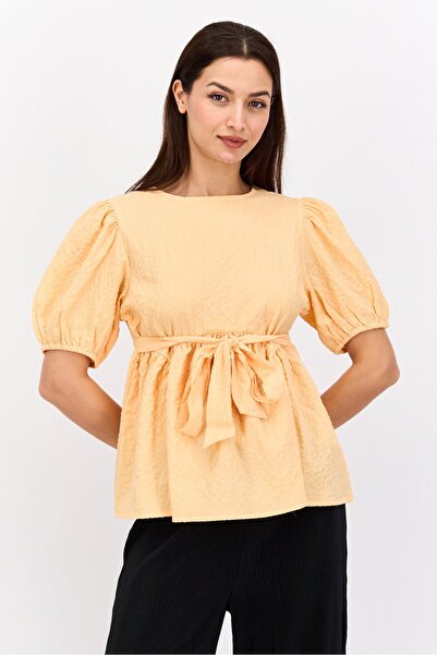 Neon Rose Women Tie Neck Long Sleeve Textured Top, Peach