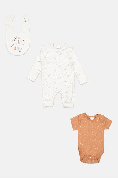Home Grown Baby Toddlers Girl 3 Piece Allover Print Rompers And Bib Set, White Combo