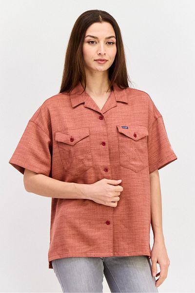 WRANGLER Women Spread Neck Short Sleeves Heather Shirt, Rust