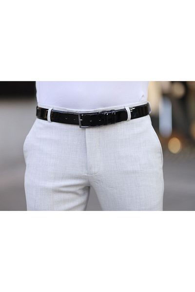 Bürke Curea bărbătească din piele neagră din piele lăcuită cu cataramă metalică curea pantaloni clasici din material textil 3,5 cm