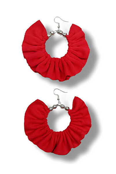 maia Kadın Gümüş Renk Halka Sallantılı Küpe – Kırmızı Kumaş Boncuklu Tasarım