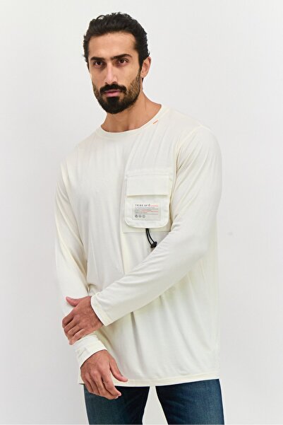 Tribe of 6 Men Crew Neck Long Sleeve Brand Logo T-Shirt, Cream
