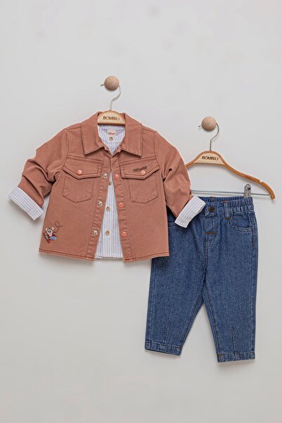 Bombili طقم للأولاد الصغار مكون من 3 قطع مع قميص مخطط وسترة من الدنيم وبنطلون