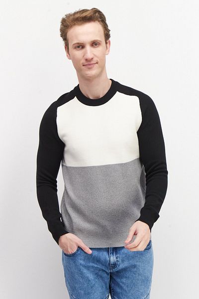 CELIO Men Crew Neck Long Sleeve Colorblock Sweater, Grey/black/off White