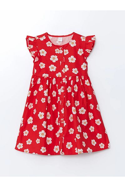 LC Waikiki Lcw Kids Red Crew Neck Floral Girls Poplin Dress
