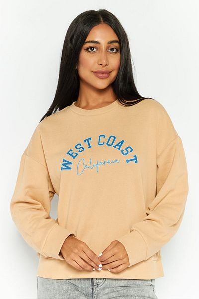 Mode by Redtape Women Crew Neck Graphic Print Long Sleeves Sweatshirt, Tan