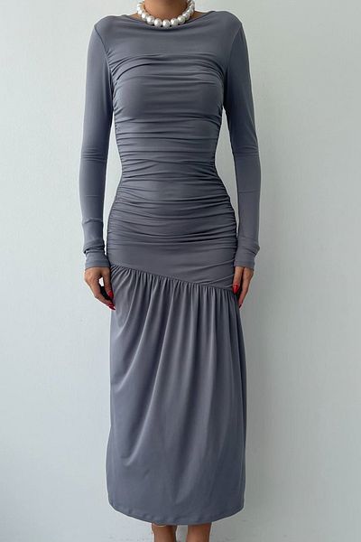 bayansepeti Smoked Sandy Fabric Drawstring Draped Detail Midi Evening Dress 326
