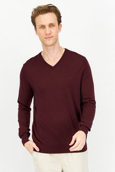 CELIO Men V-neck Plain Sweater, Burgundy