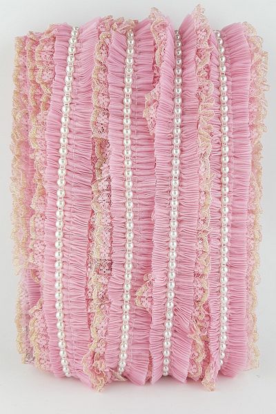 Ulutaş Pink Yellow Pearl Glitter Lace Pleat Ruffle