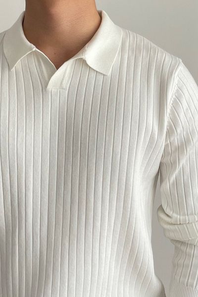 COOL TARZ Men's White Polo Neck Ribbed Knitwear Sweater