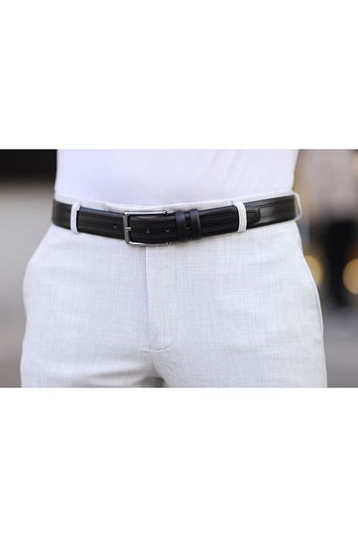Bürke Curea pentru bărbați din piele neagră - linie dublă, cataramă metalică, centură clasică pentru pantaloni din material textil de 3,5 cm