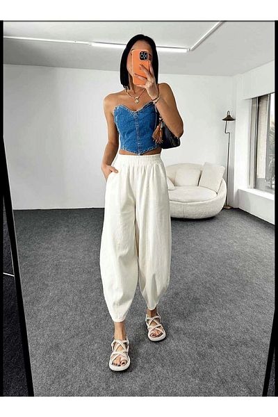 Tommes Butik Gabardine Fabric Baggy Trousers - White