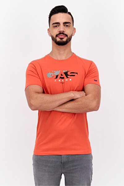 GAS Men Crew Neck Short Sleeves Brand Logo T-Shirt, Orange Combo