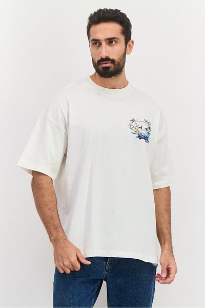 Good For Nothing Men Oversized Fit Crew Neck Short Sleeve Graphic Print T-shirt, Off White Combo