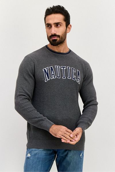 Nautica Men Crew Neck Embroidered Logo Long Sleeve Sweater, Grey
