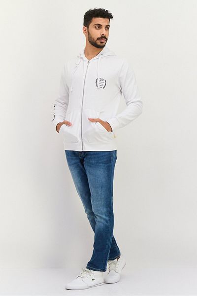 GAZZARRİNİ Men Hooded Brand Logo Long Sleeve Sweatshirt, White