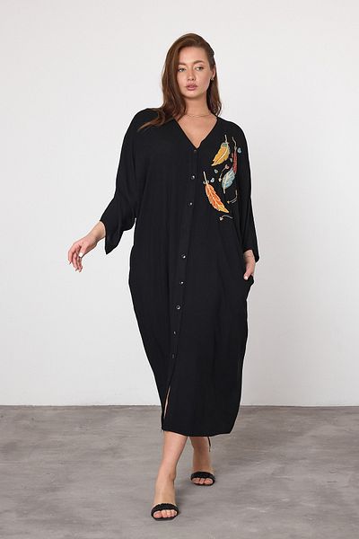 Denismoda Γυναικείο κέντημα με λαιμόκοψη σε σχήμα V Λεπτομερές αυθεντικό πουκάμισο φόρεμα με τσέπη
