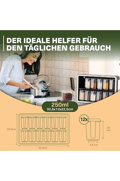 Viwares Gewürzdosen 12er Set mit Wandhalterung und Löffeln, Luftdicht, BPA-frei, Transparent