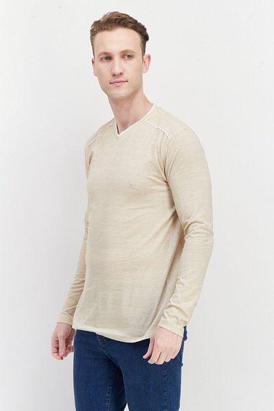 Modern Culture Men V-neck Plain Long Sleeves Sweatshirt, Light Brown