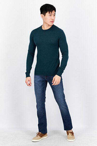CELIO Men Crew Neck Plain Long Sleeves Sweaters, Dark Green