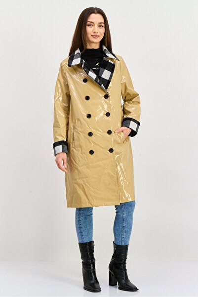 Jane Post Women Plaid Double Breasted Trench Coat, Beige Combo