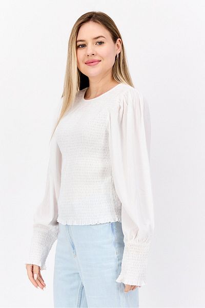 En Saison Women Round Neck Long Sleeves Textured Top, Off White