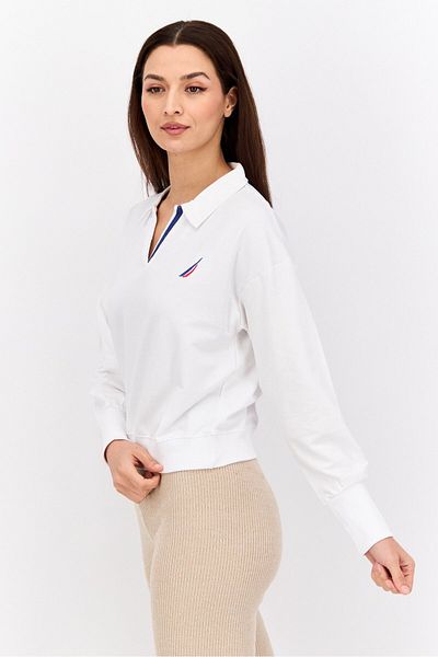 Nautica Women Spread Collar V-neck Brand Logo Sweatshirt, White