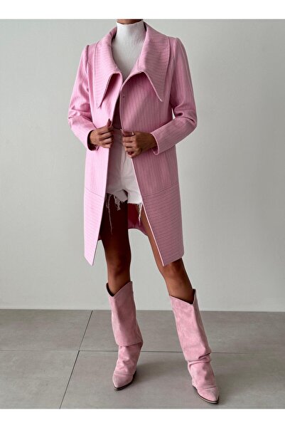 Genel Markalar Kadın Pembe Çizgili Yakalı Kaşe Kaban