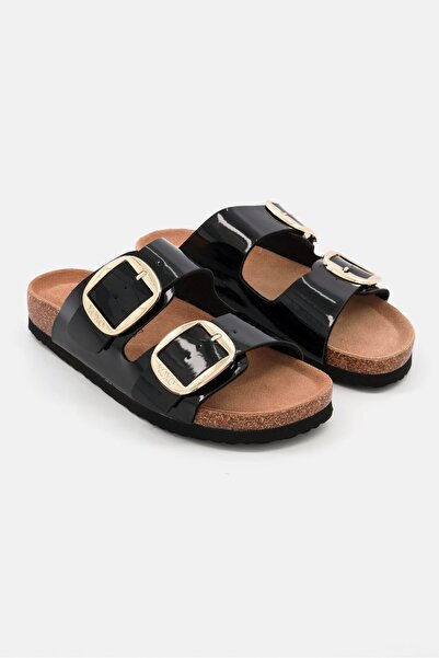 XOXO Women Patent Slip On Cork Sandals, Black